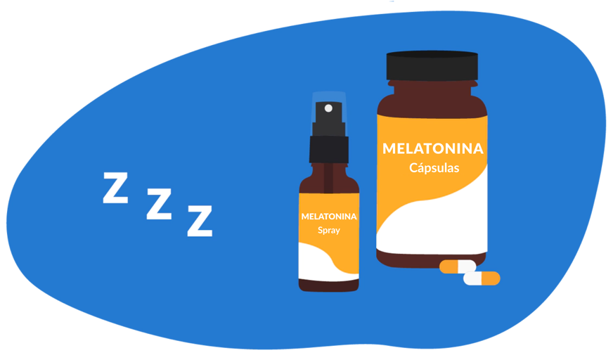 Ilustração de dois frascos de melatonina: cápsulas e spray